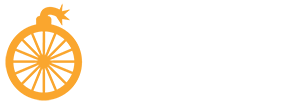A vector logo of a bicycle wheel inside of a cartoon bomb.