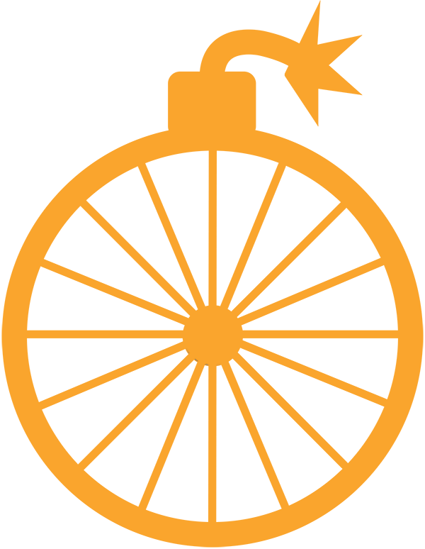 The logo for Bombard Bicycles. A vector of a bicycle wheel inside of a cartoon bomb.